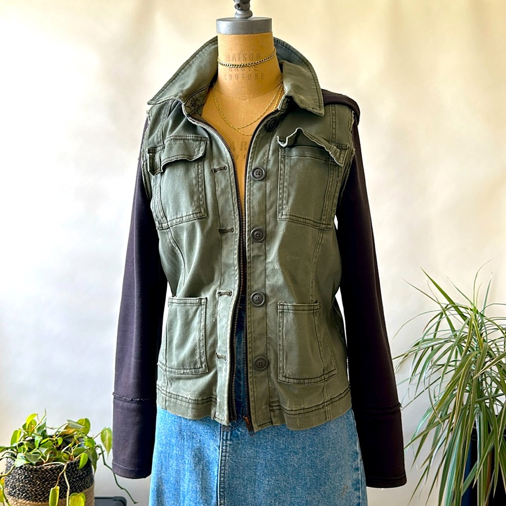 Free People Distressed Military Jacket Fleece Sleeves and Removable Hood, Medium